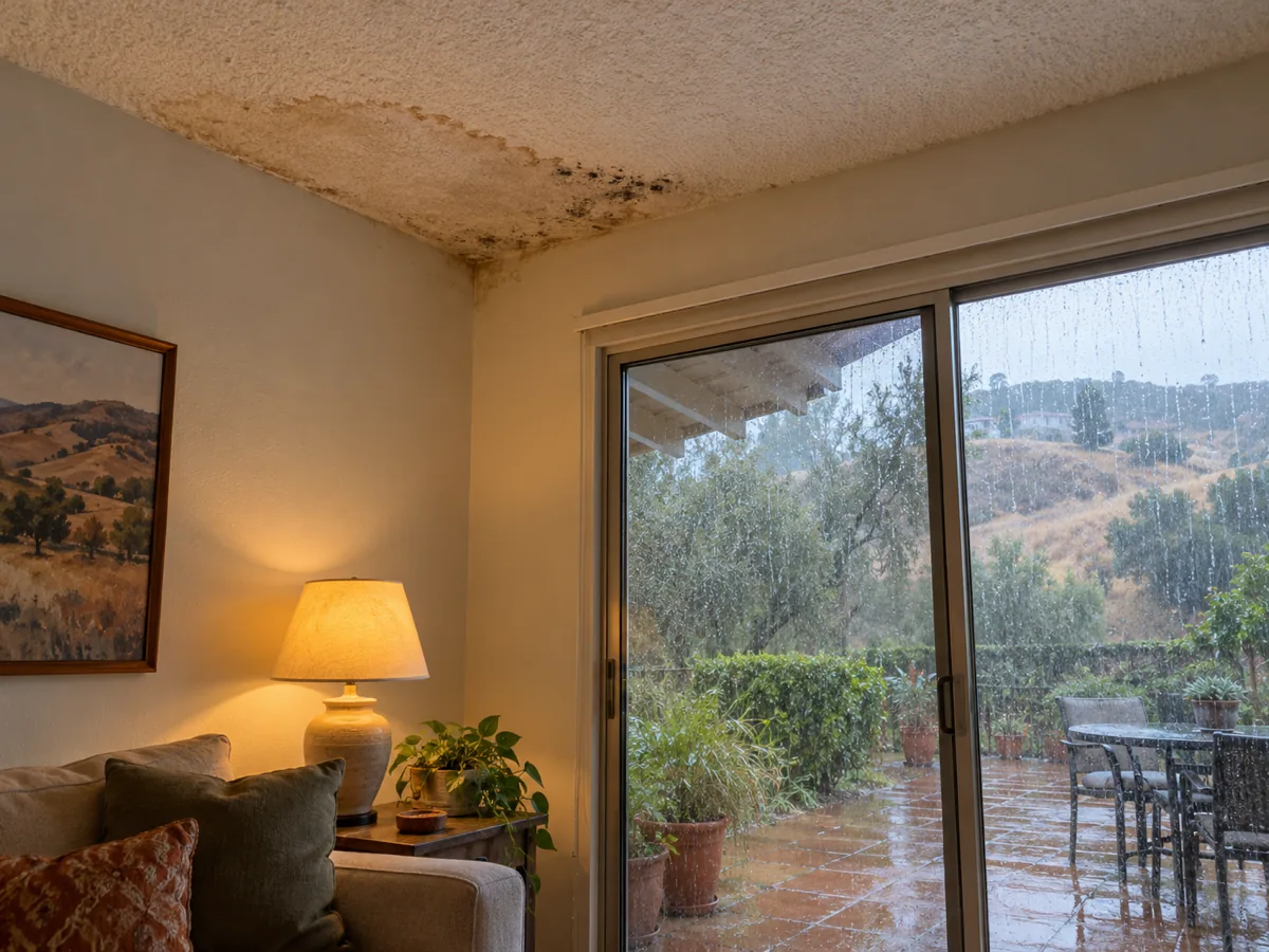 Brown water ring and early mold spotting on a living room ceiling corner after a winter roof leak