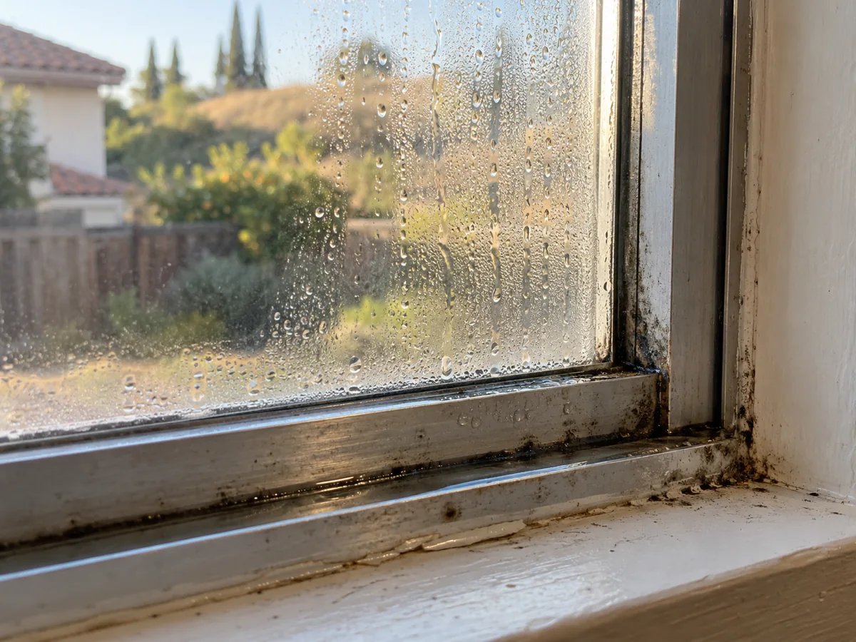 Condensation and black mold on the sill and track of an aluminum sliding window in a Camarillo bedroom