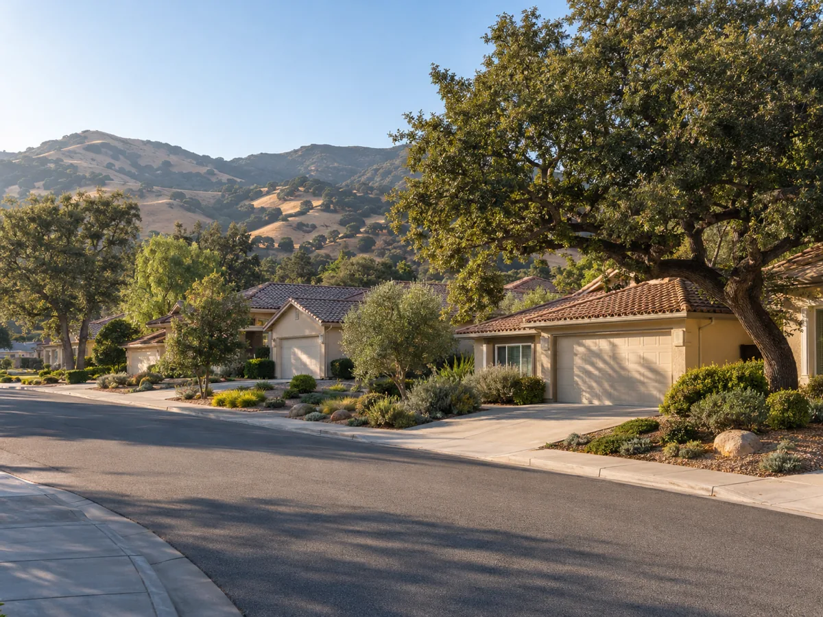 Single-storey stucco homes with tile roofs on a wide Conejo Valley street below oak-dotted hills