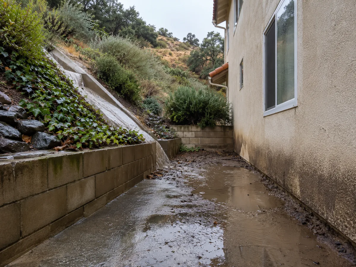 Rain runoff from a hillside back yard soaking the soil against the stucco foundation of an Oak Park home