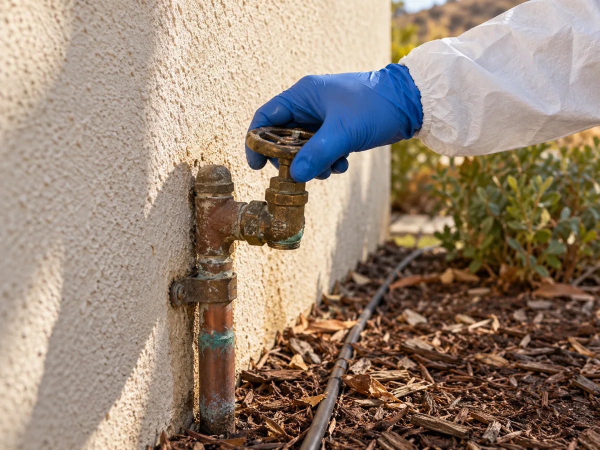Gloved hand turning a home's main water shutoff valve on a copper pipe beside a stucco wall in Simi Valley