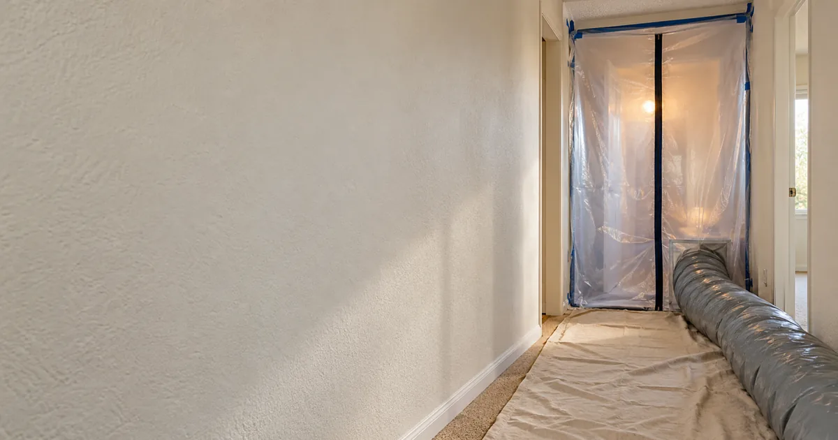 Plastic containment wall with a zipper door sealing a room for mold remediation in a Thousand Oaks home