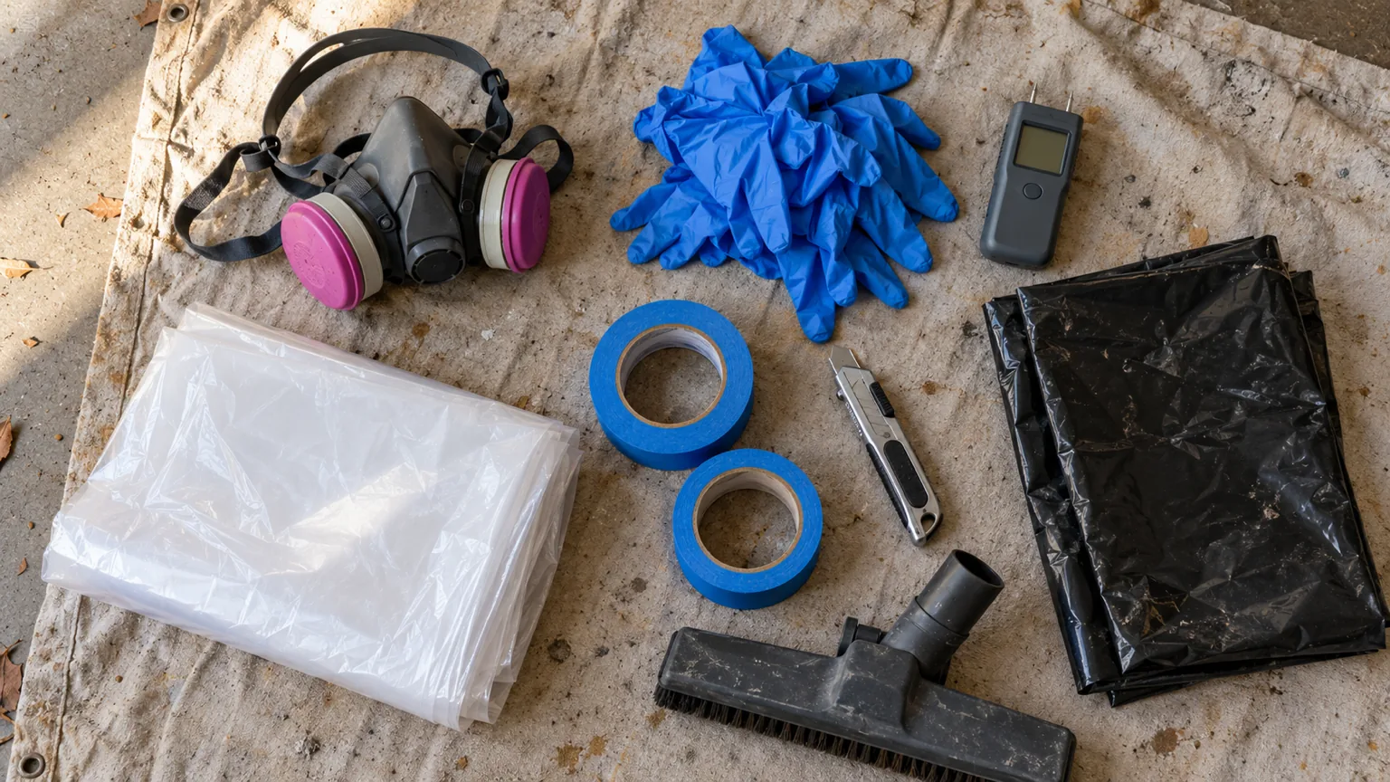 Respirator, nitrile gloves, moisture meter, plastic sheeting and tape laid out on a drop cloth for mold remediation