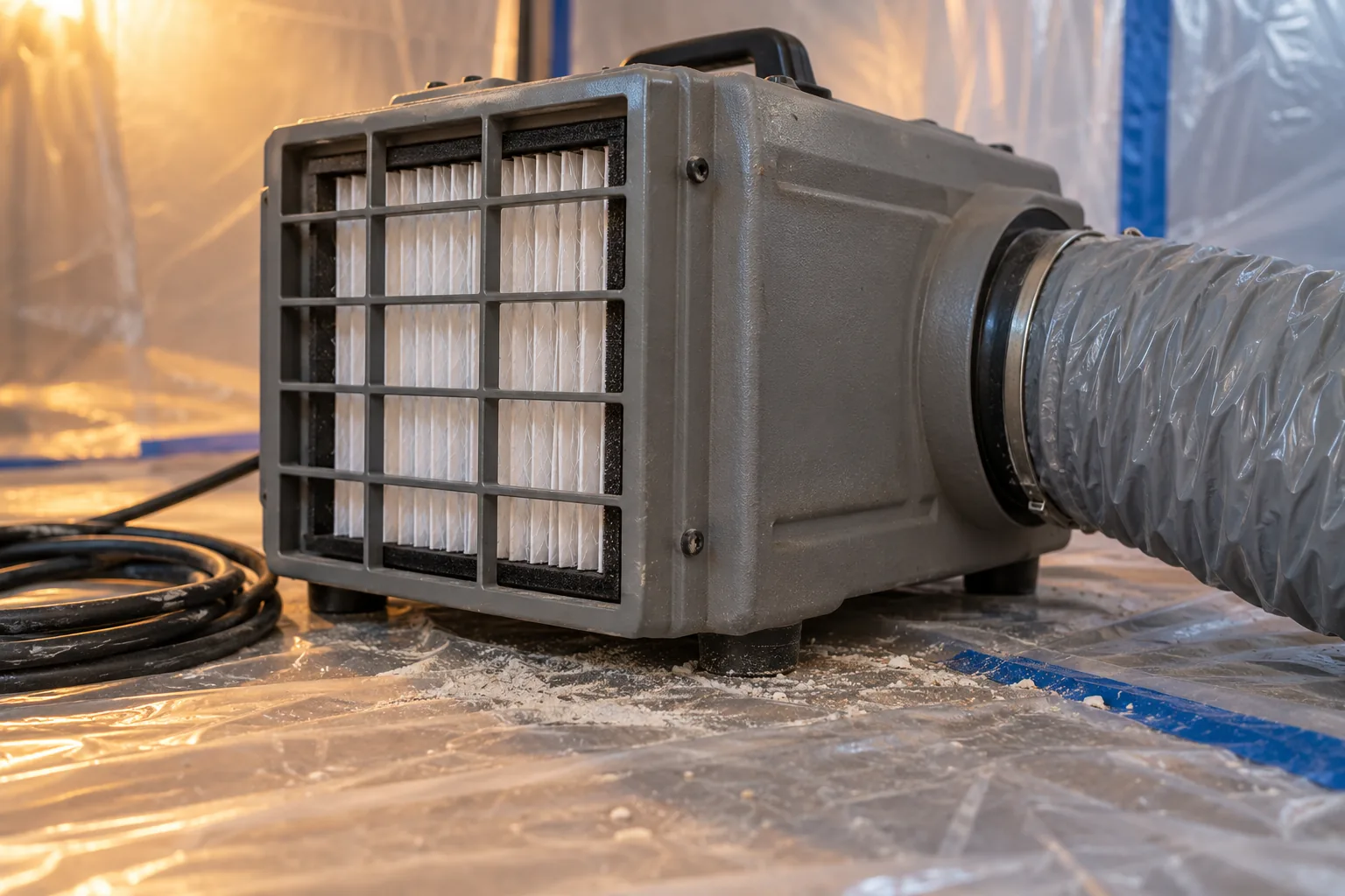 HEPA air scrubber running on a plastic-covered floor during mold remediation