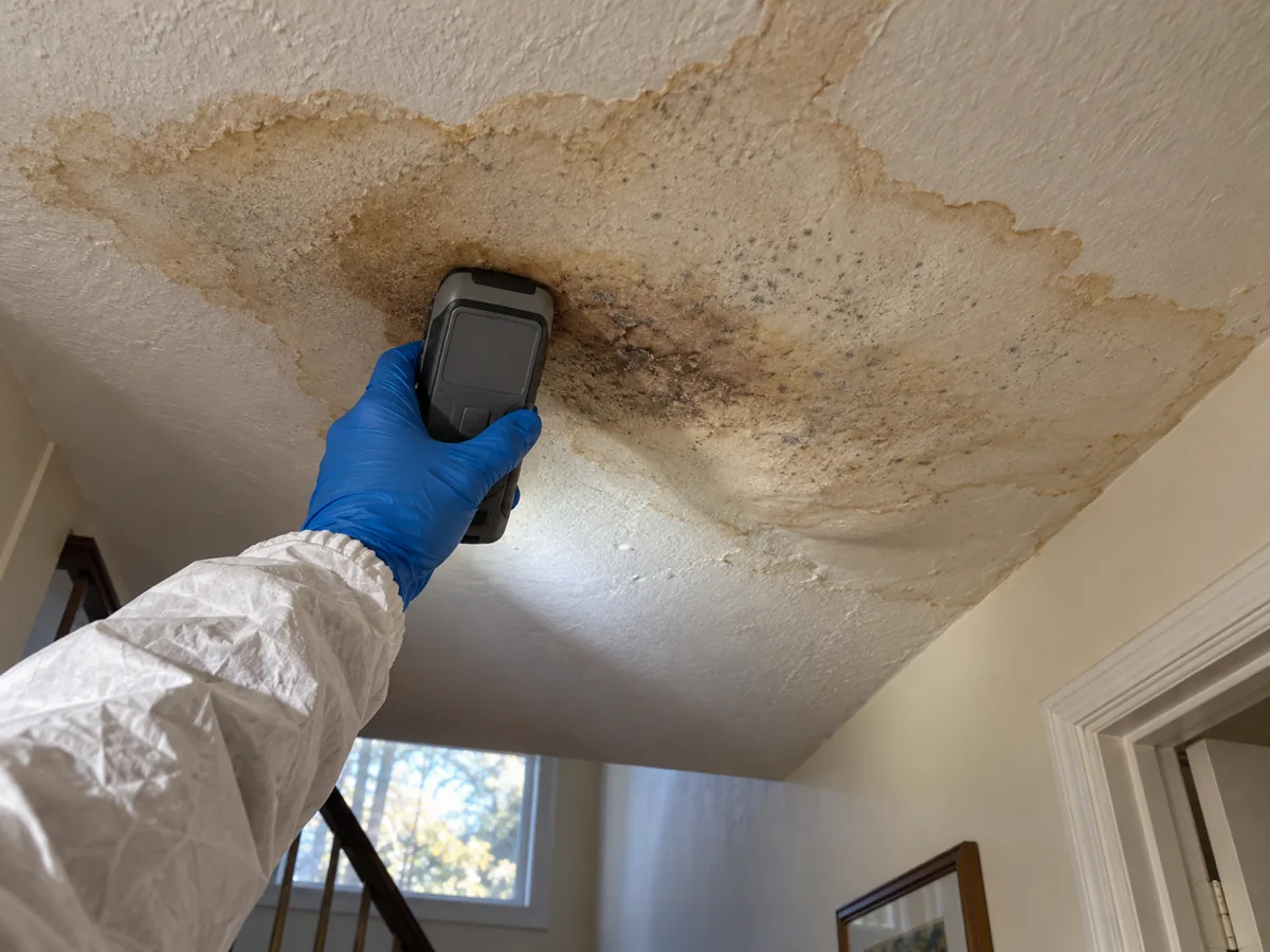 Gloved hand holding a moisture meter to a stained first-floor ceiling under an upstairs bathroom