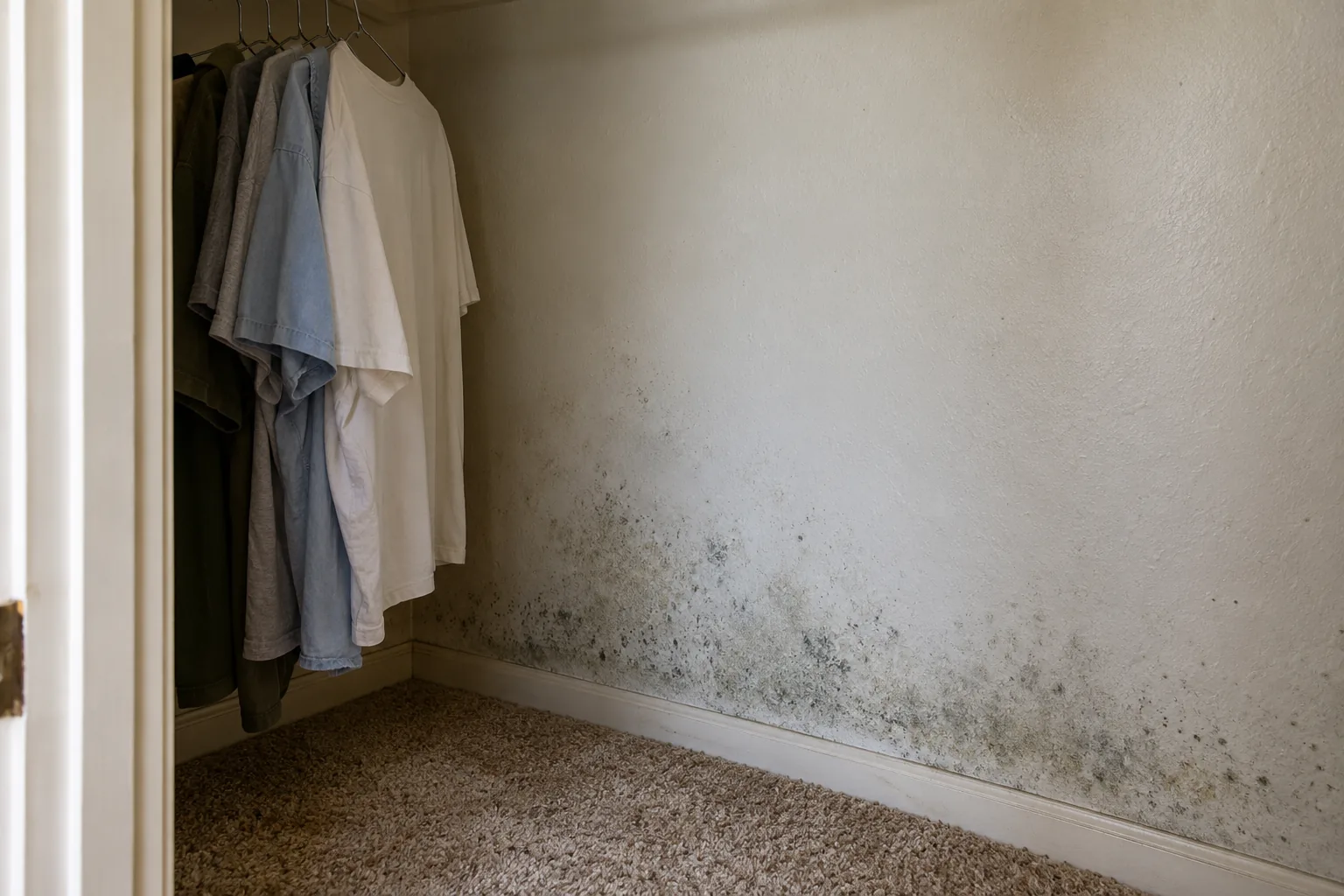 Grey-green mold spots low on a bedroom closet wall behind hanging clothes, a common source of a musty smell