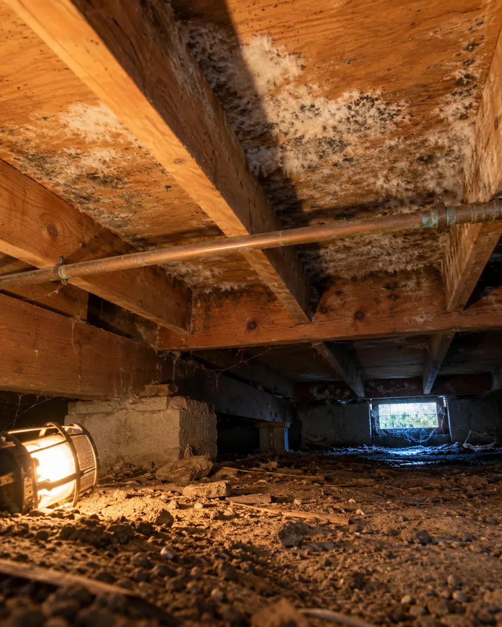 Mold on wood floor joists and subfloor in the crawl space of a raised-foundation Thousand Oaks home