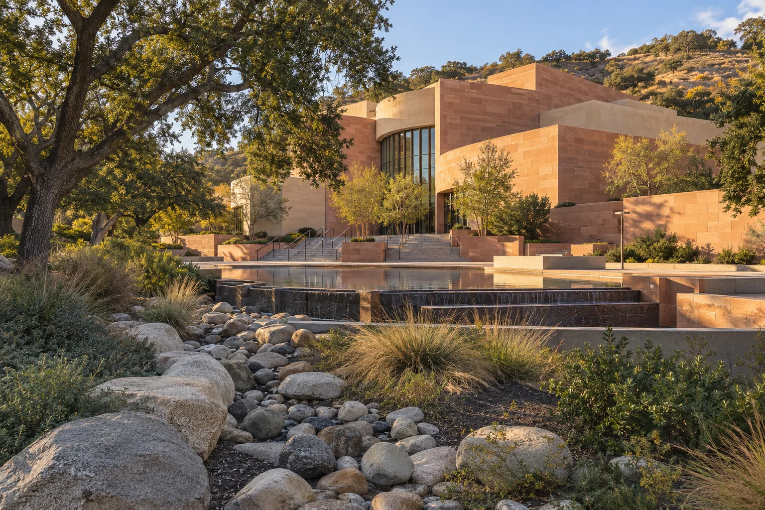 The sandstone Thousand Oaks Civic Arts Plaza among tall oak trees and natural grasses