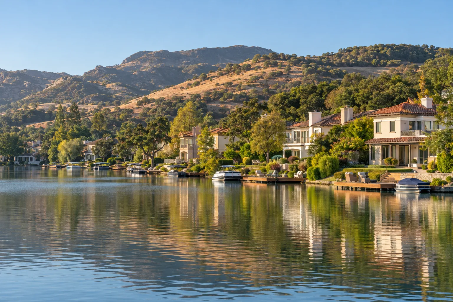 Lakefront homes with private docks along the shore of Westlake Lake in Westlake Village, CA